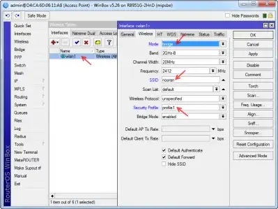 تنظیمات تب Wireless در میکروتیک شامل Mode, SSID و Band